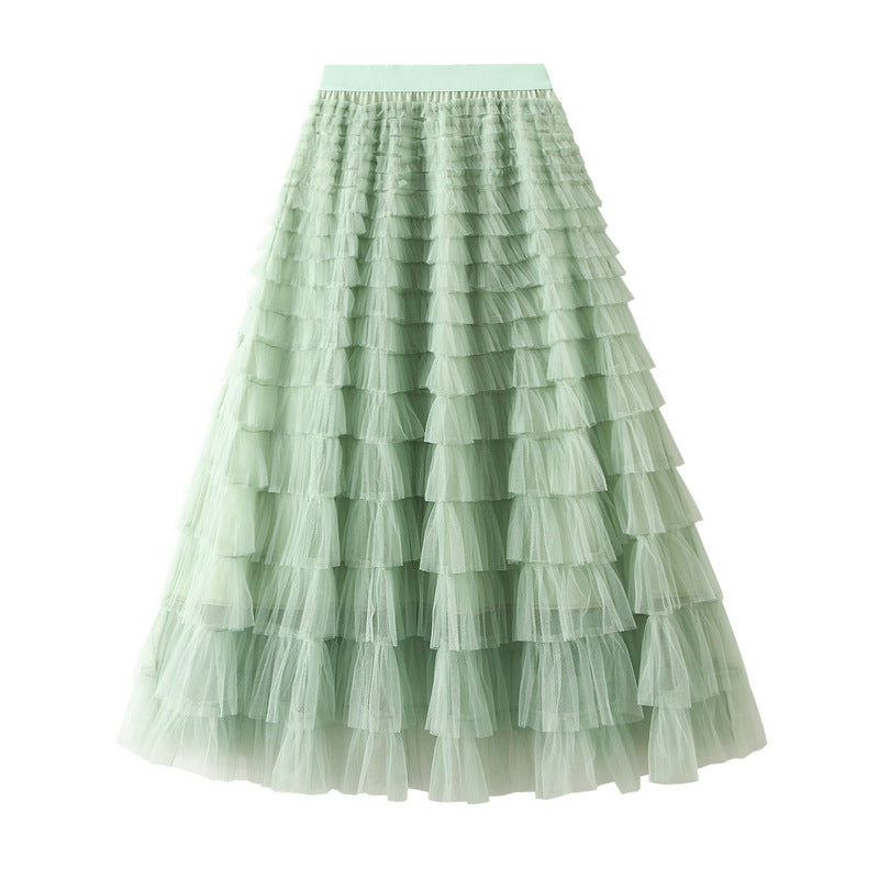 Women's A-Line Mesh Ruffle Maxi Skirt Slim Fit Sweet Flowy Long Skirt