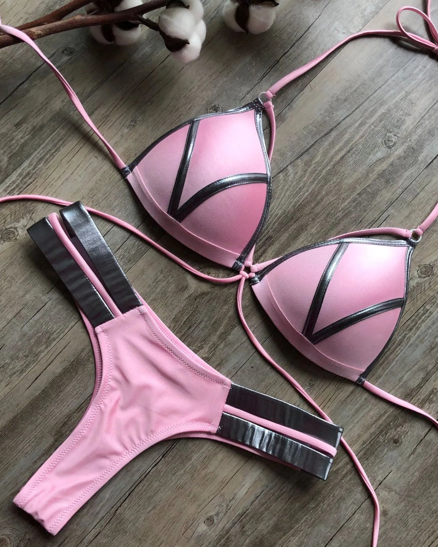 Bronzing Strappy Bikini Set Triangle Top Two Piece Swimsuit