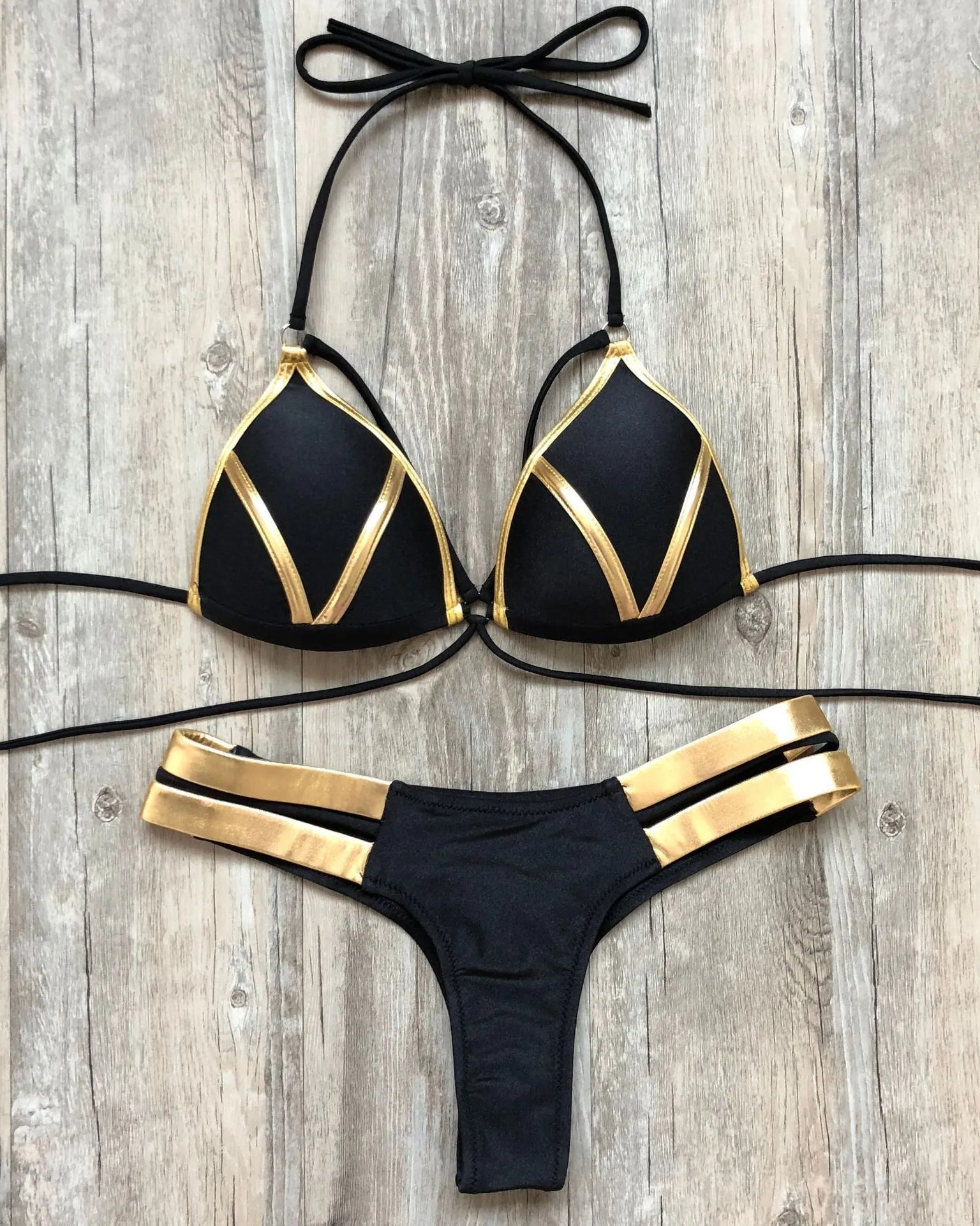 Bronzing Strappy Bikini Set Triangle Top Two Piece Swimsuit