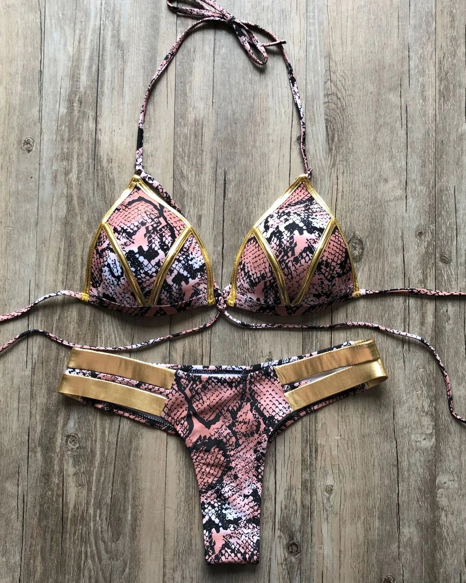 Bronzing Strappy Bikini Set Triangle Top Two Piece Swimsuit