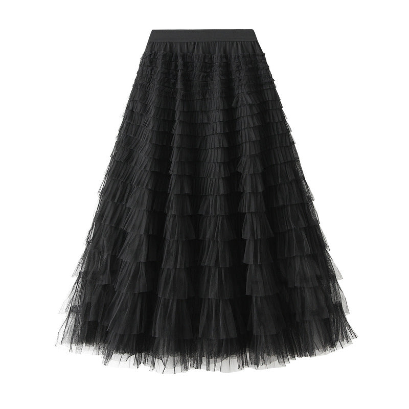 Women's A-Line Mesh Ruffle Maxi Skirt Slim Fit Sweet Flowy Long Skirt