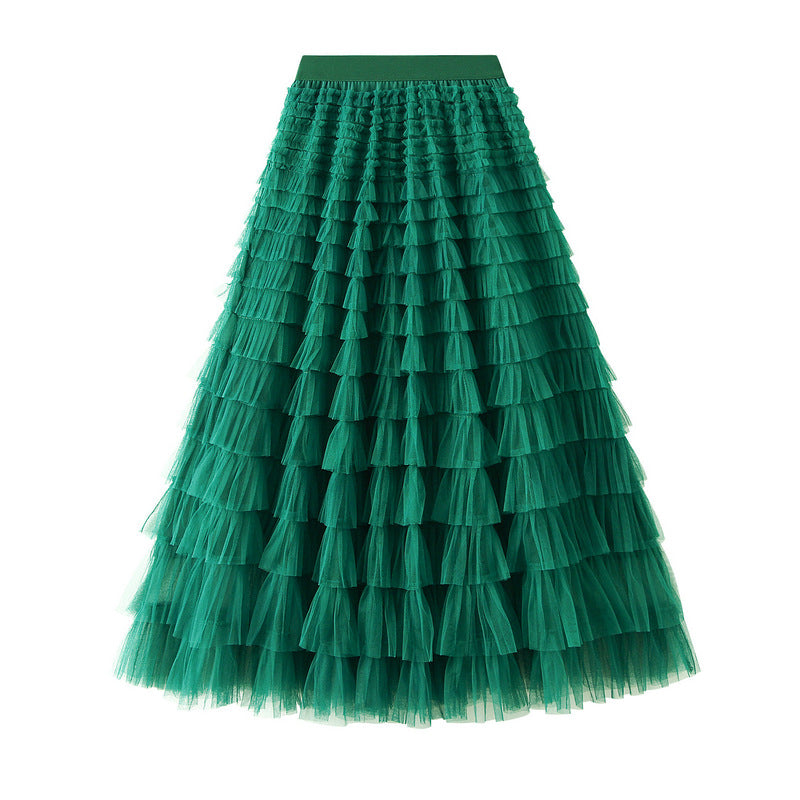 Women's A-Line Mesh Ruffle Maxi Skirt Slim Fit Sweet Flowy Long Skirt
