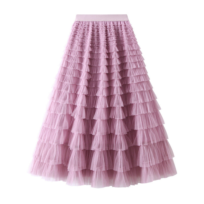 Women's A-Line Mesh Ruffle Maxi Skirt Slim Fit Sweet Flowy Long Skirt