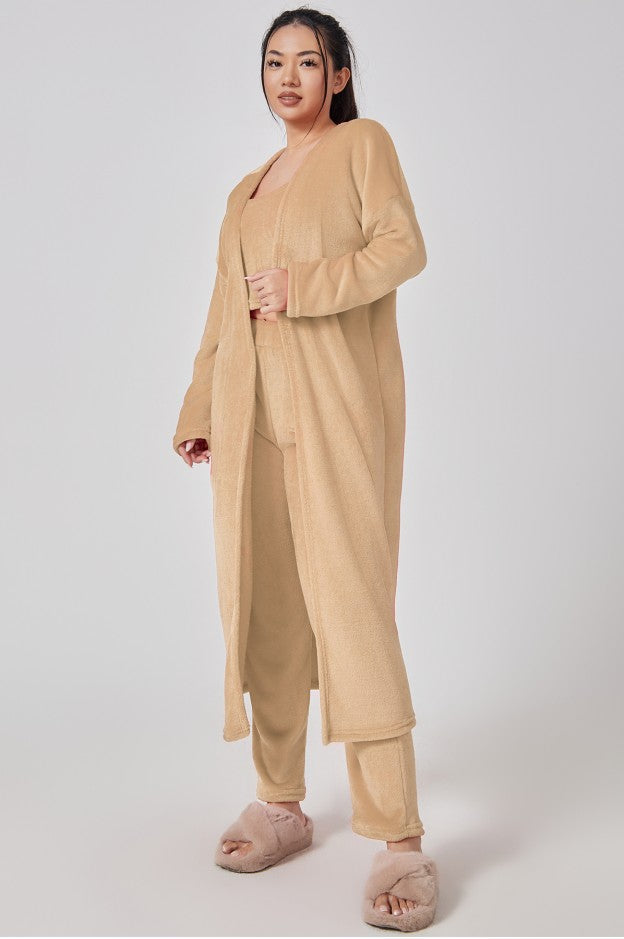 Women's 3 Piece Pajama Set Cozy Fleece Lounge Set Top Pants and Cardigan Winter