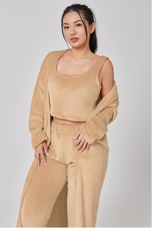 Women's 3 Piece Pajama Set Cozy Fleece Lounge Set Top Pants and Cardigan Winter