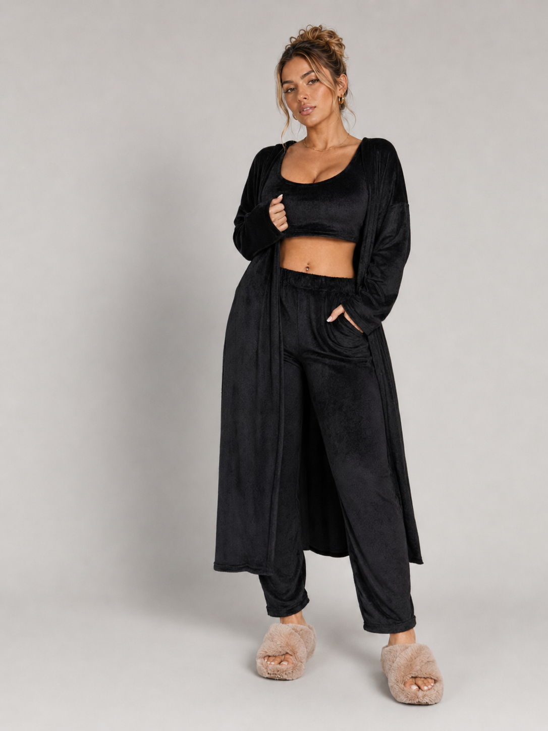 Women's 3 Piece Pajama Set Cozy Fleece Lounge Set Top Pants and Cardigan Winter