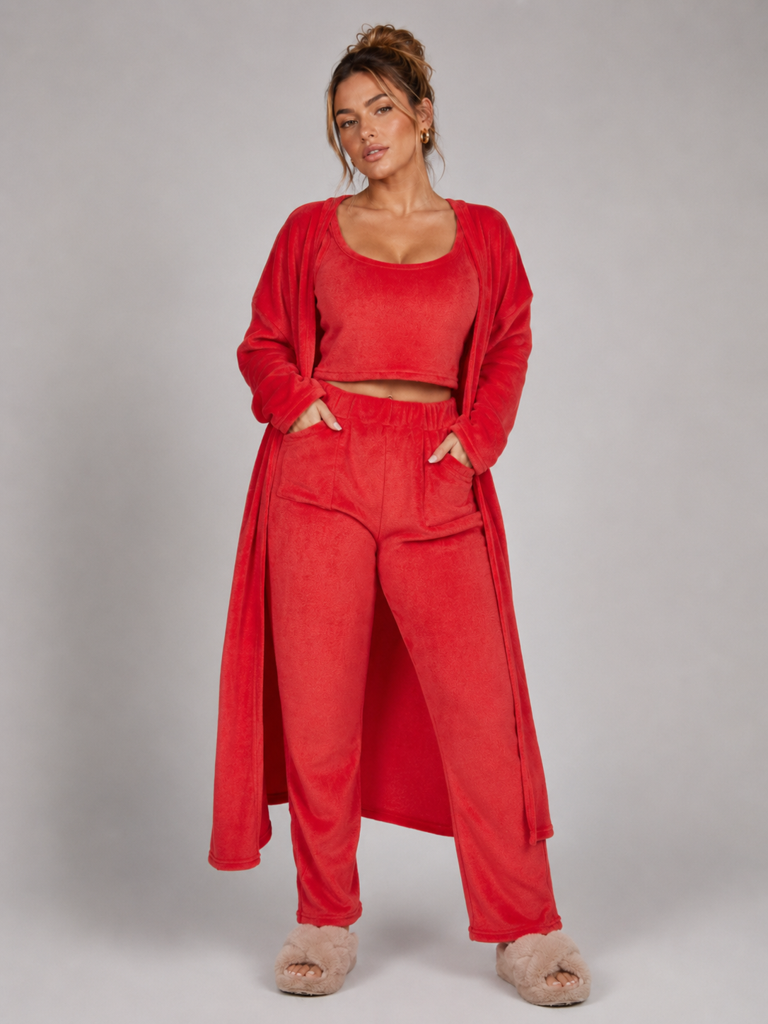 Women's 3 Piece Pajama Set Cozy Fleece Lounge Set Top Pants and Cardigan Winter