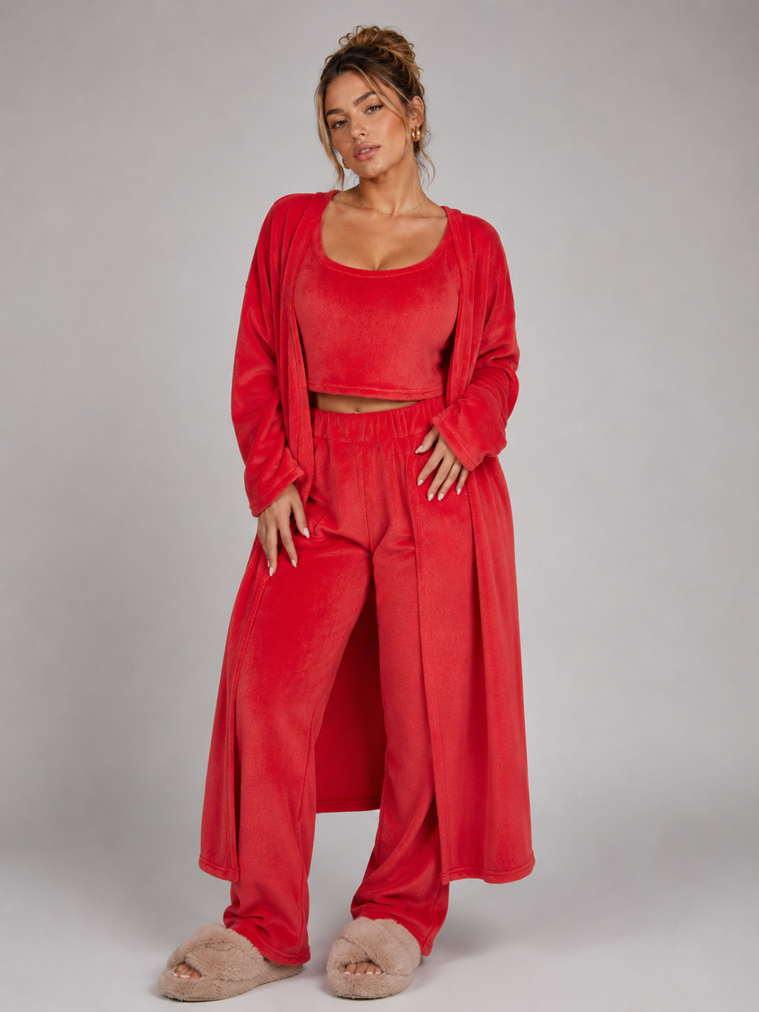 Women's 3 Piece Pajama Set Cozy Fleece Lounge Set Top Pants and Cardigan Winter