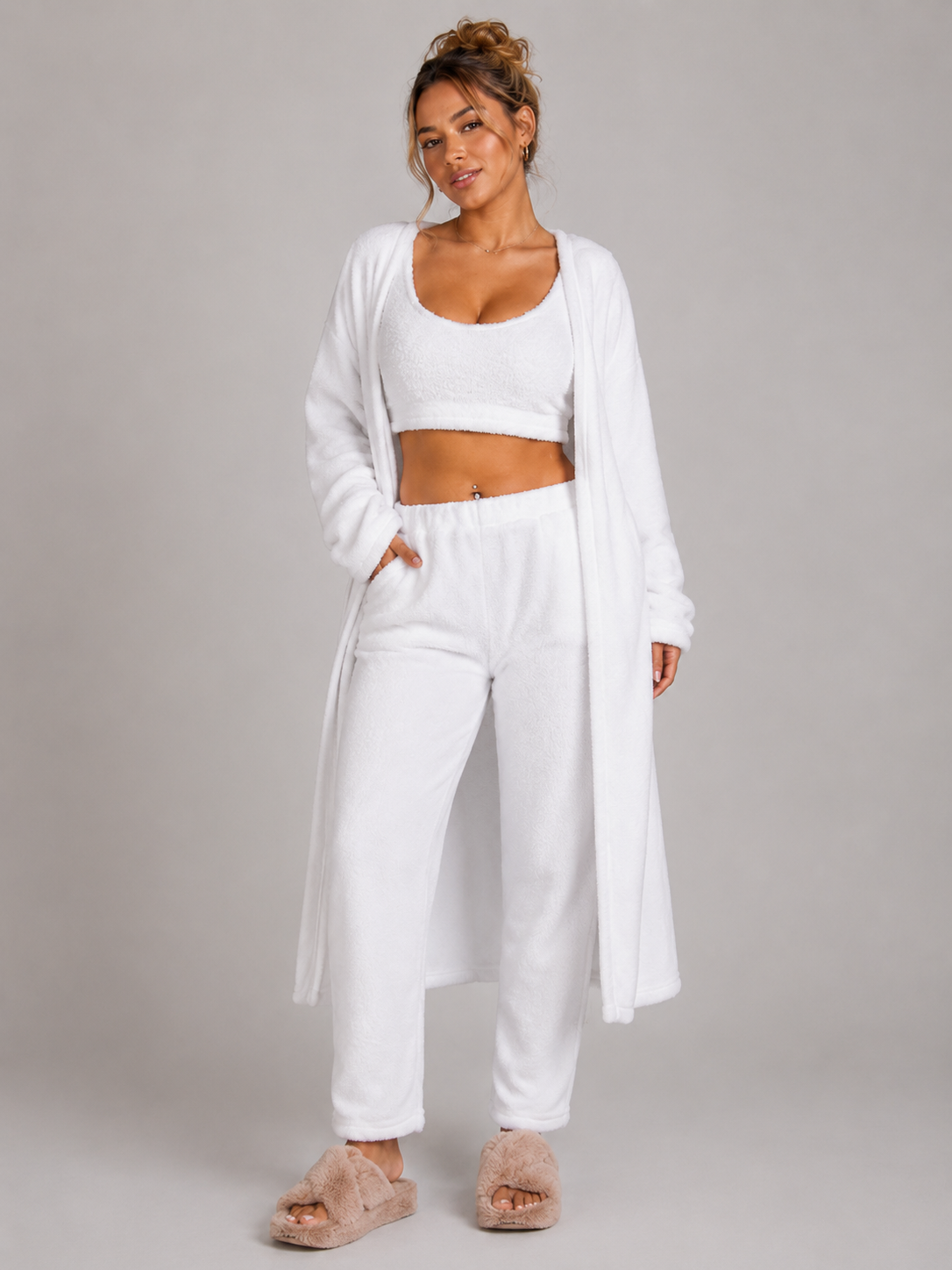 Women's 3 Piece Pajama Set Cozy Fleece Lounge Set Top Pants and Cardigan Winter