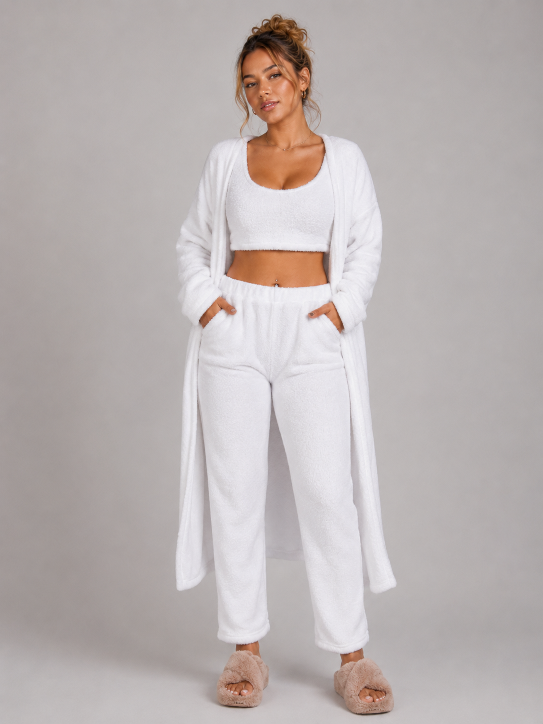 Women's 3 Piece Pajama Set Cozy Fleece Lounge Set Top Pants and Cardigan Winter