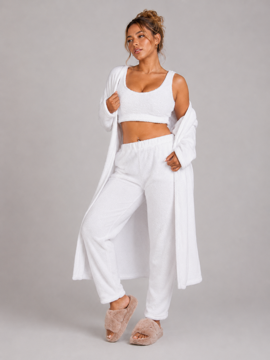 Women's 3 Piece Pajama Set Cozy Fleece Lounge Set Top Pants and Cardigan Winter