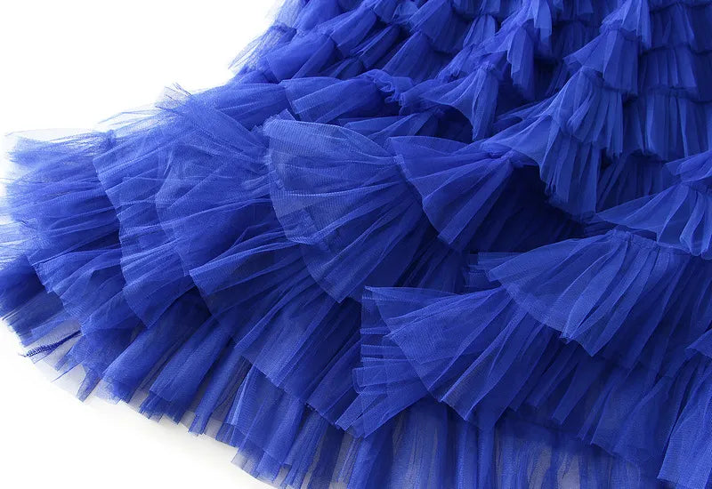 Women's A-Line Mesh Ruffle Maxi Skirt Slim Fit Sweet Flowy Long Skirt