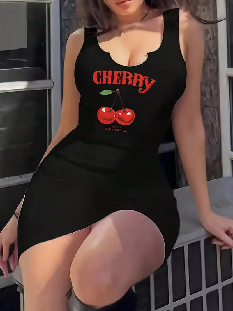 Cherry Pattern Sleeveless Fitted Mini Dress For Women