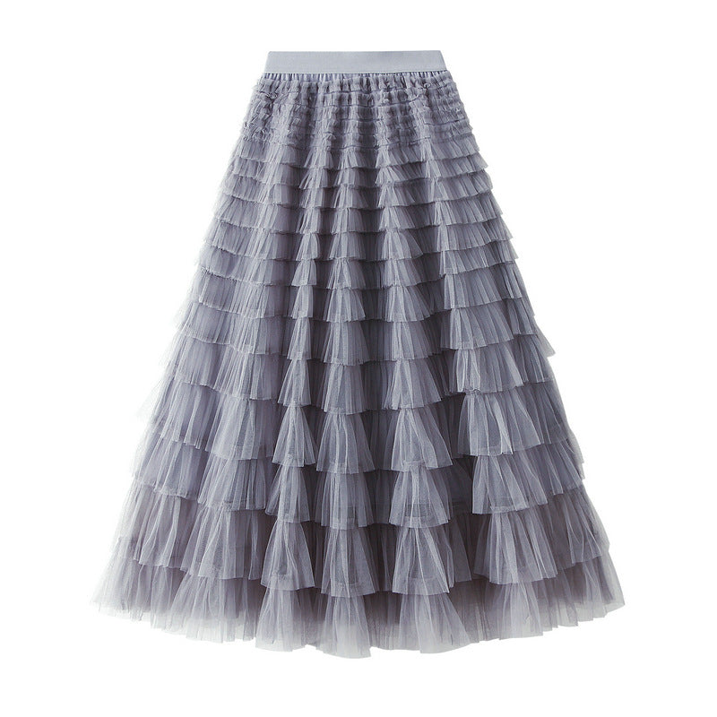 Women's A-Line Mesh Ruffle Maxi Skirt Slim Fit Sweet Flowy Long Skirt