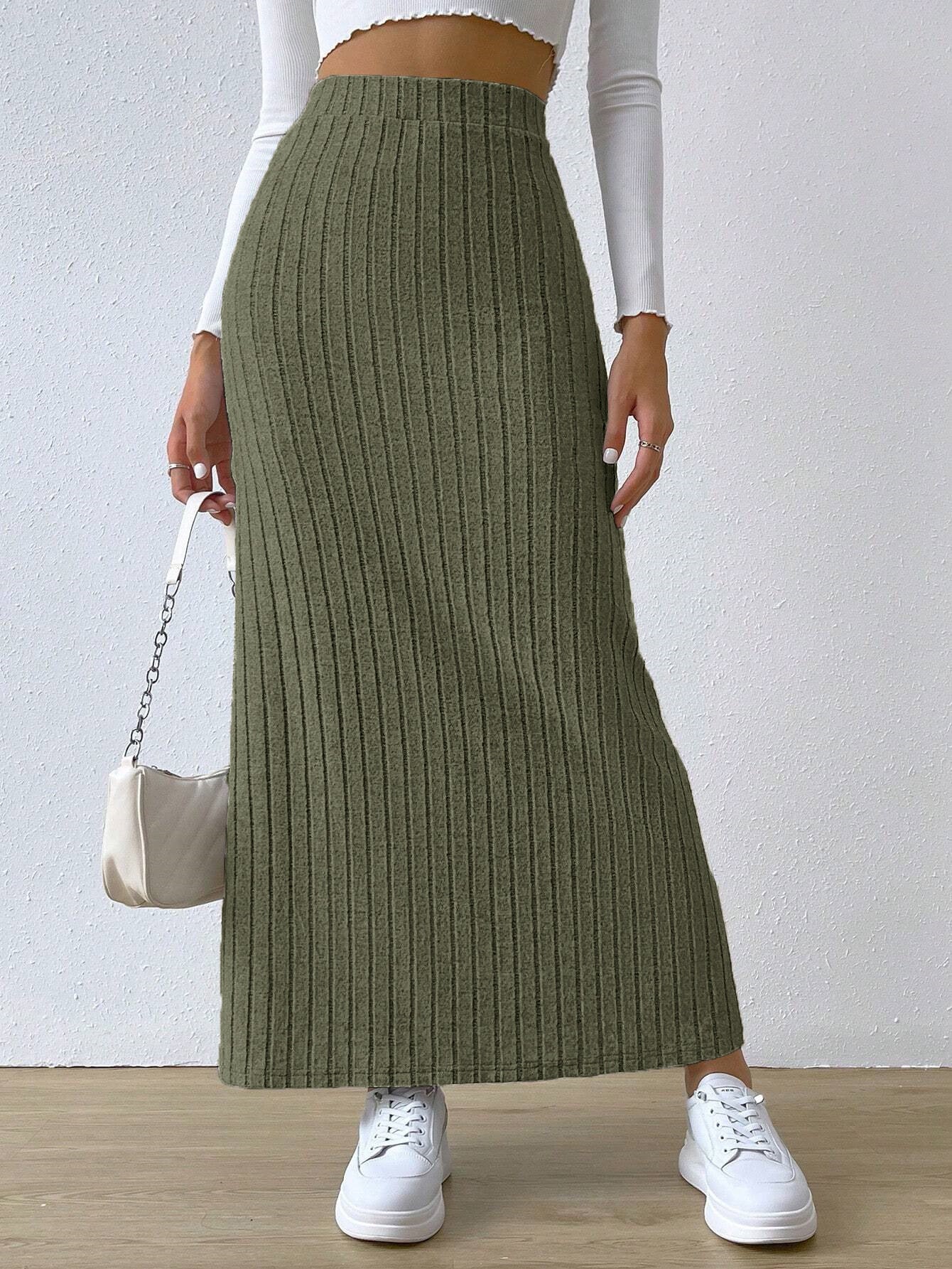 High Waist Knit Maxi Skirt with Side Slit Slim Fit Spring Long Skirt for Women