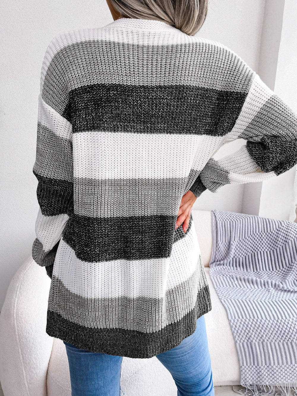 Women's Plaid Cardigan Sweater Lantern Sleeve Casual Jacket Outerwear