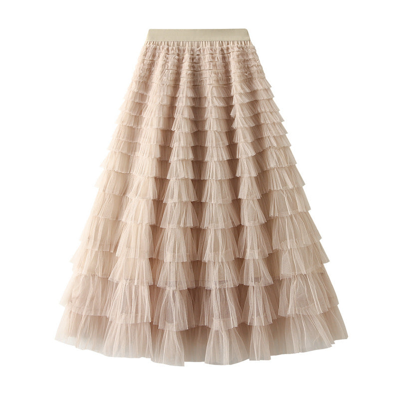 Women's A-Line Mesh Ruffle Maxi Skirt Slim Fit Sweet Flowy Long Skirt