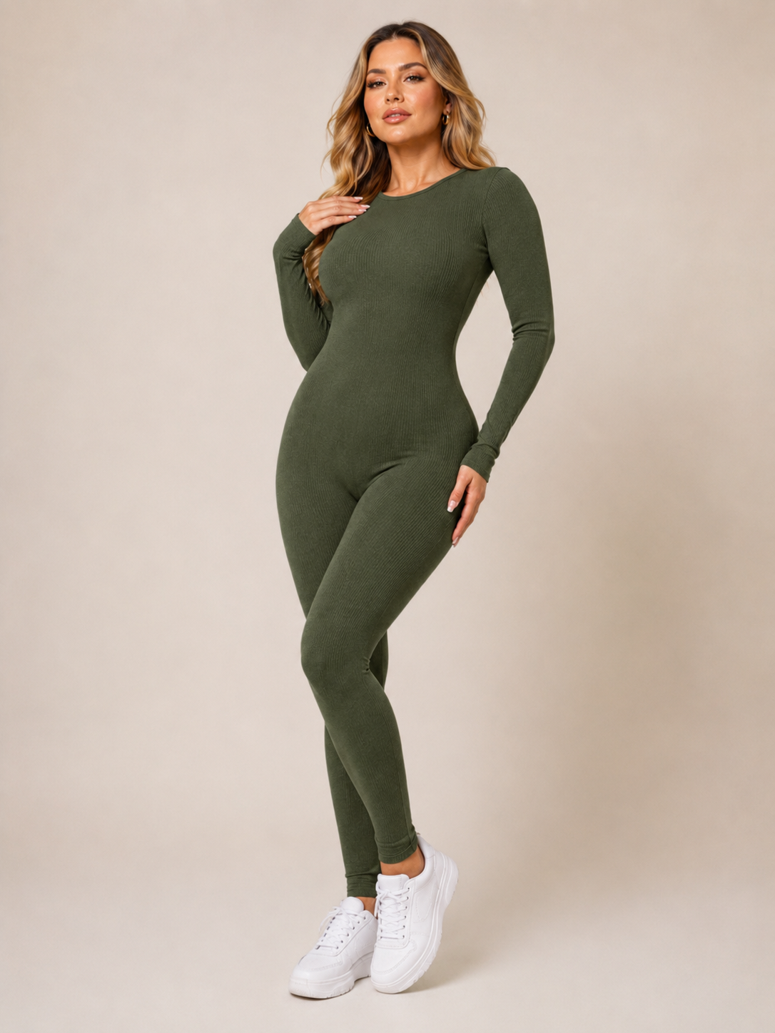 Ribbed Knit Long Sleeve Jumpsuit Solid Color Round Neck Slim Fit Romper
