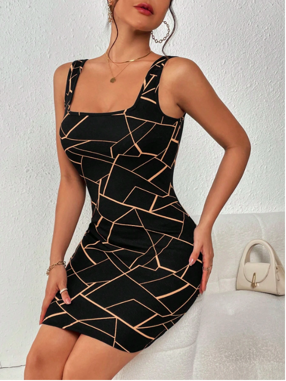 Allover Geo Print Square Neck Tank Dress