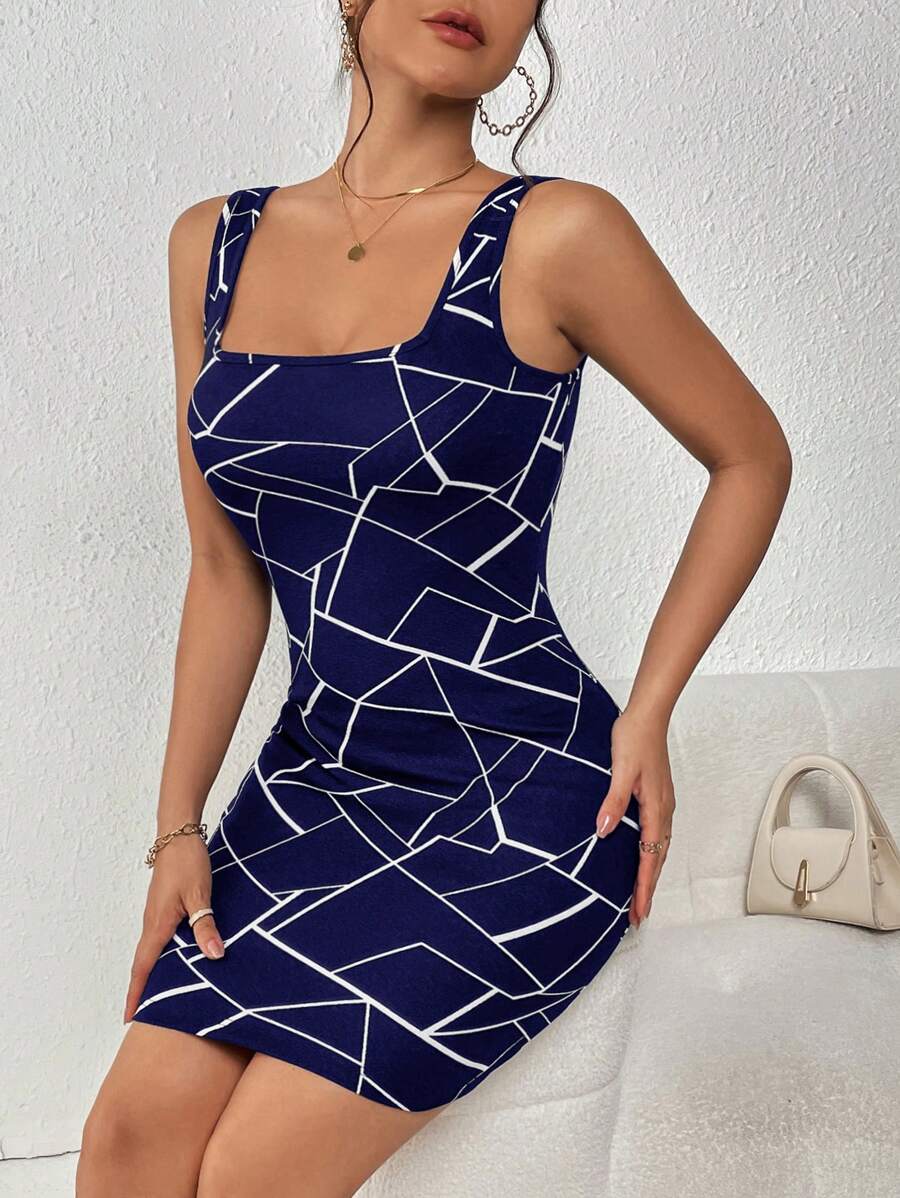 Allover Geo Print Square Neck Tank Dress