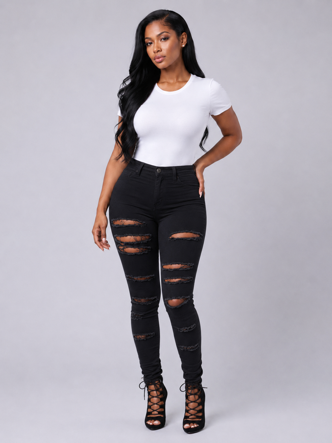 High Quality Casual Hole Jeans High Waist Skinny Denim Jeans