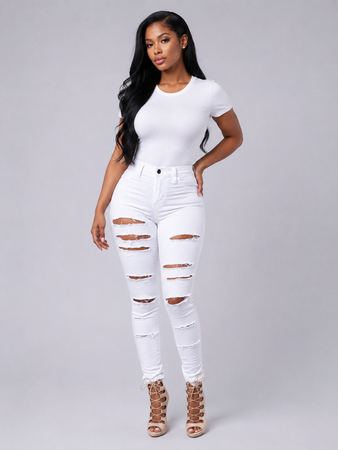 High Quality Casual Hole Jeans High Waist Skinny Denim Jeans