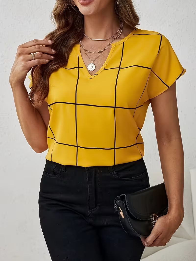 Plaid Print Notched Neck Blouse Casual Short Sleeve Spring Summer Top
