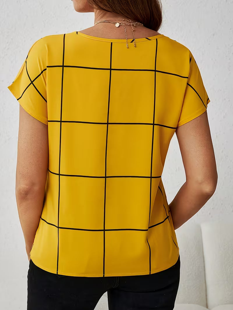 Plaid Print Notched Neck Blouse Casual Short Sleeve Spring Summer Top