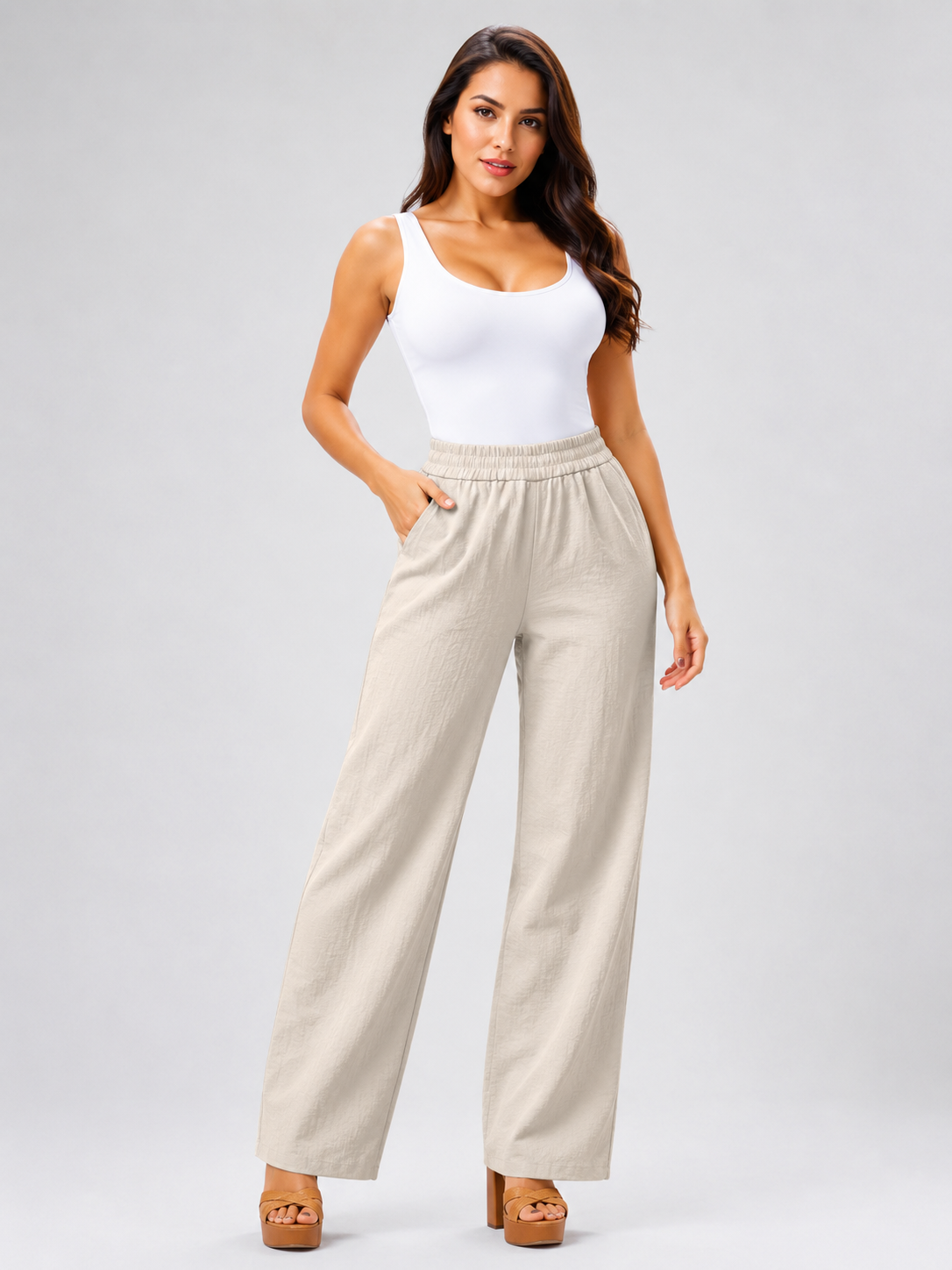 Women's Cotton Linen Wide Leg Pants Elastic Waist Loose Fit Casual Trousers