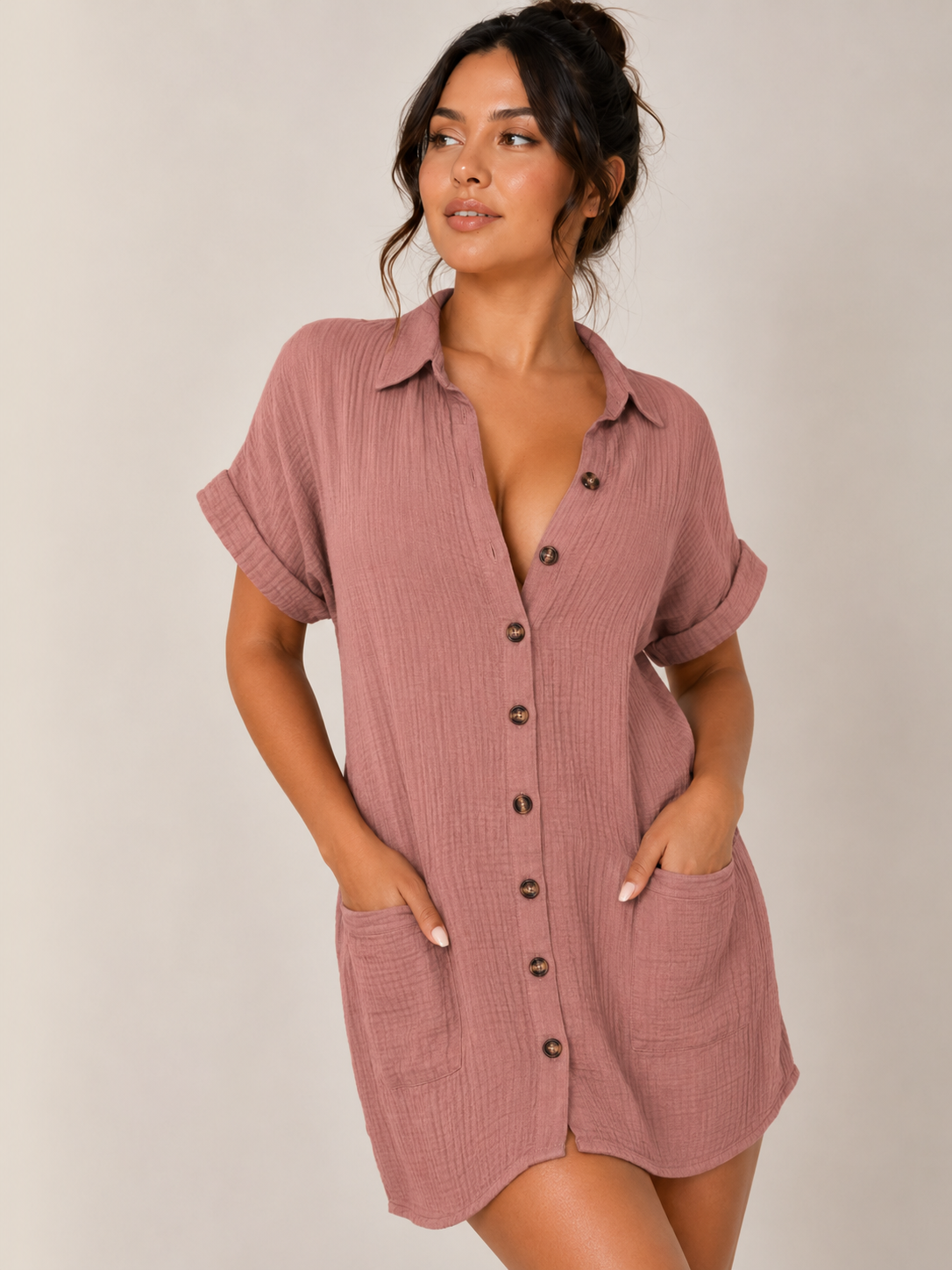 Women's Cotton Linen Shirt Dress V Neck Button Down Casual Summer Midi Dress