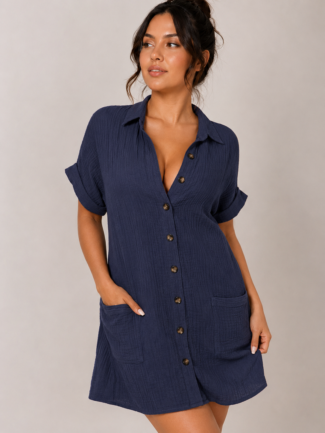 Women's Cotton Linen Shirt Dress V Neck Button Down Casual Summer Midi Dress