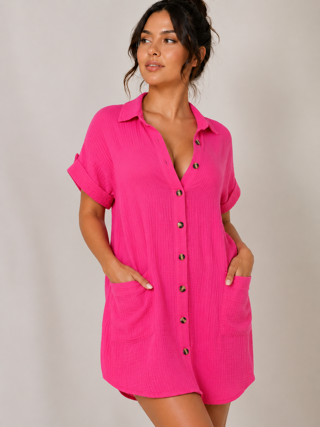 Women's Cotton Linen Shirt Dress V Neck Button Down Casual Summer Midi Dress