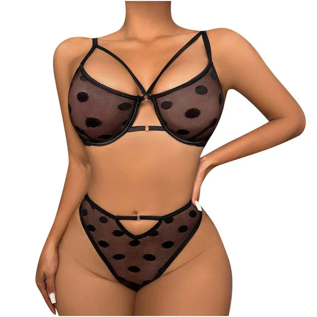 Mesh Polka Dot Sheer Cutout Erotic Lingerie Set Three Piece Bikini Underwear