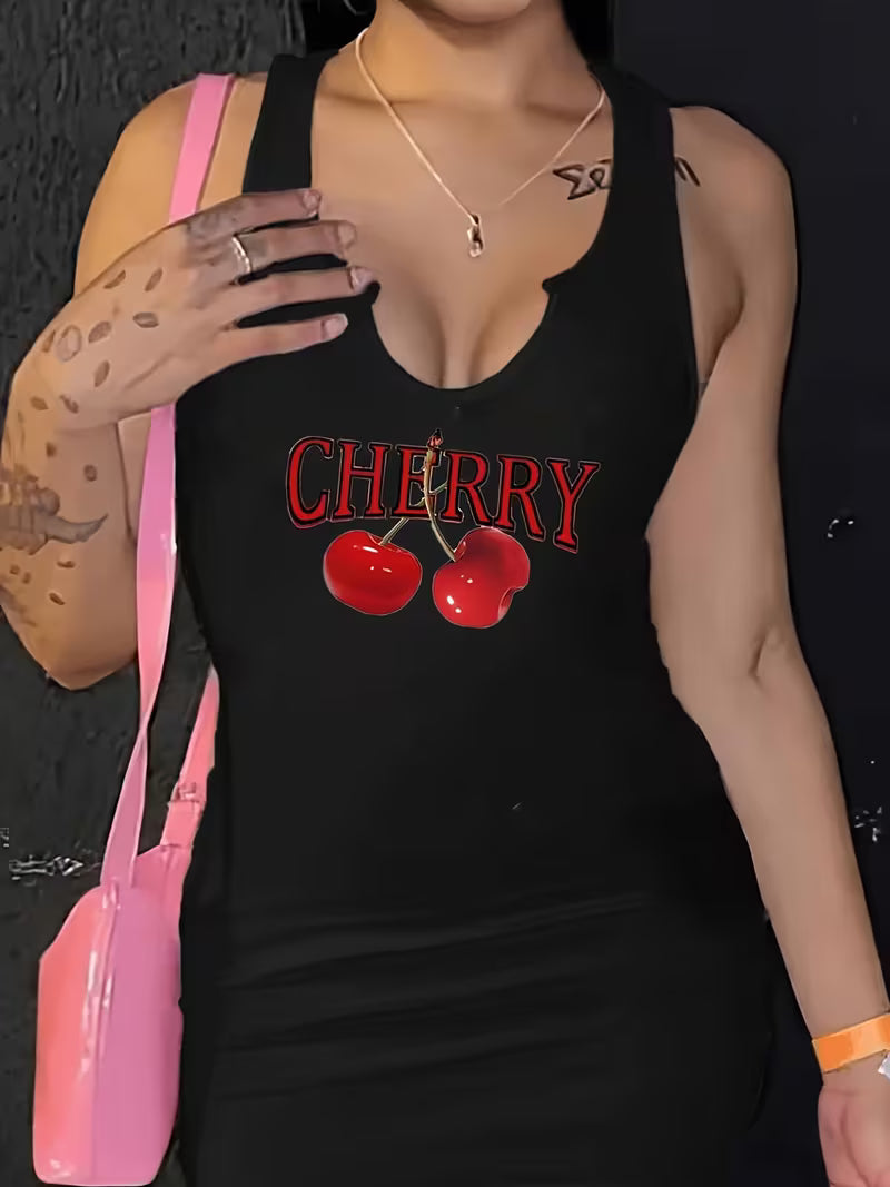 Cherry Pattern Sleeveless Fitted Mini Dress For Women
