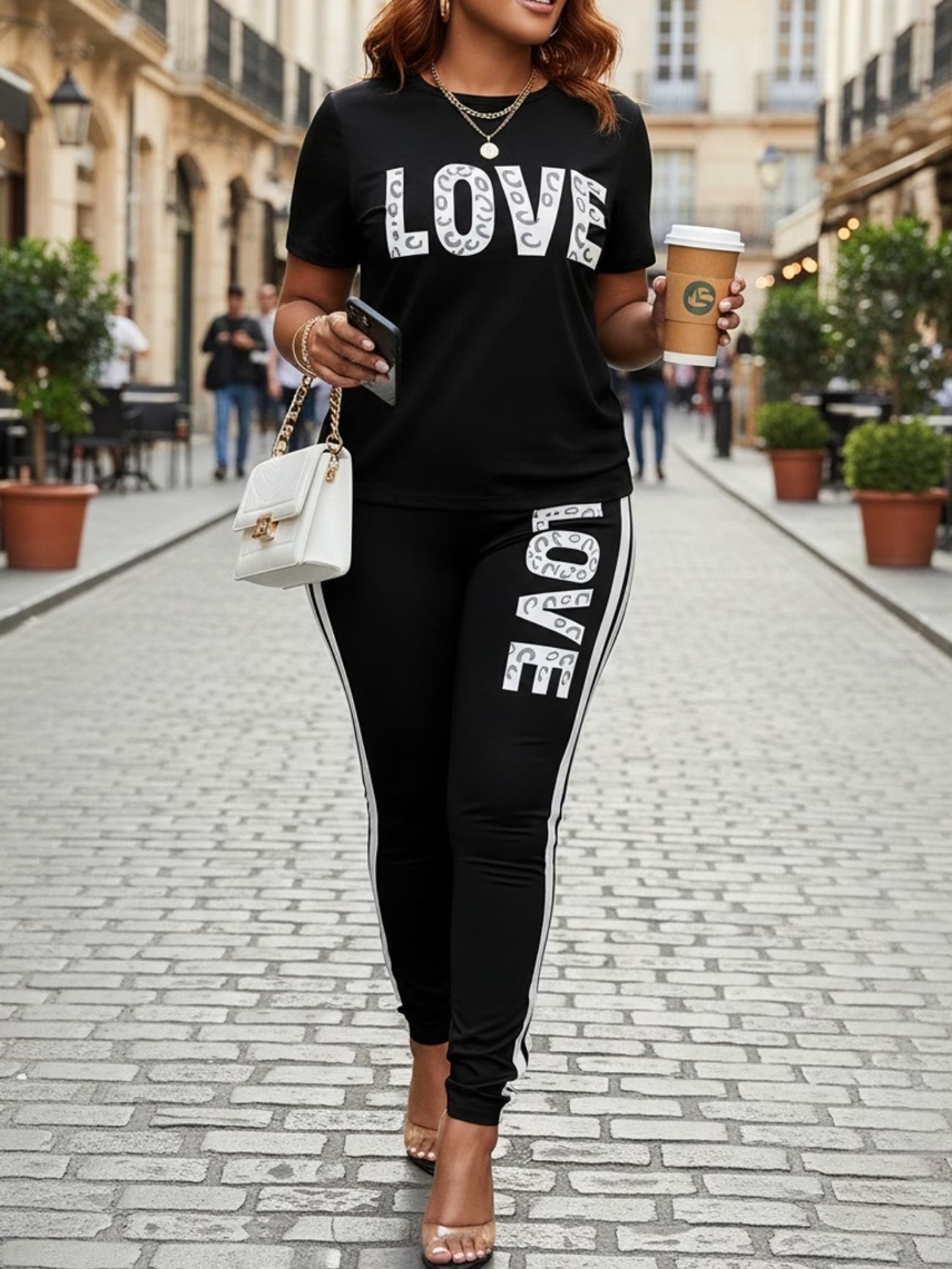 Letter Print Short Sleeve Top and Pants 2 Piece Casual Sports Set