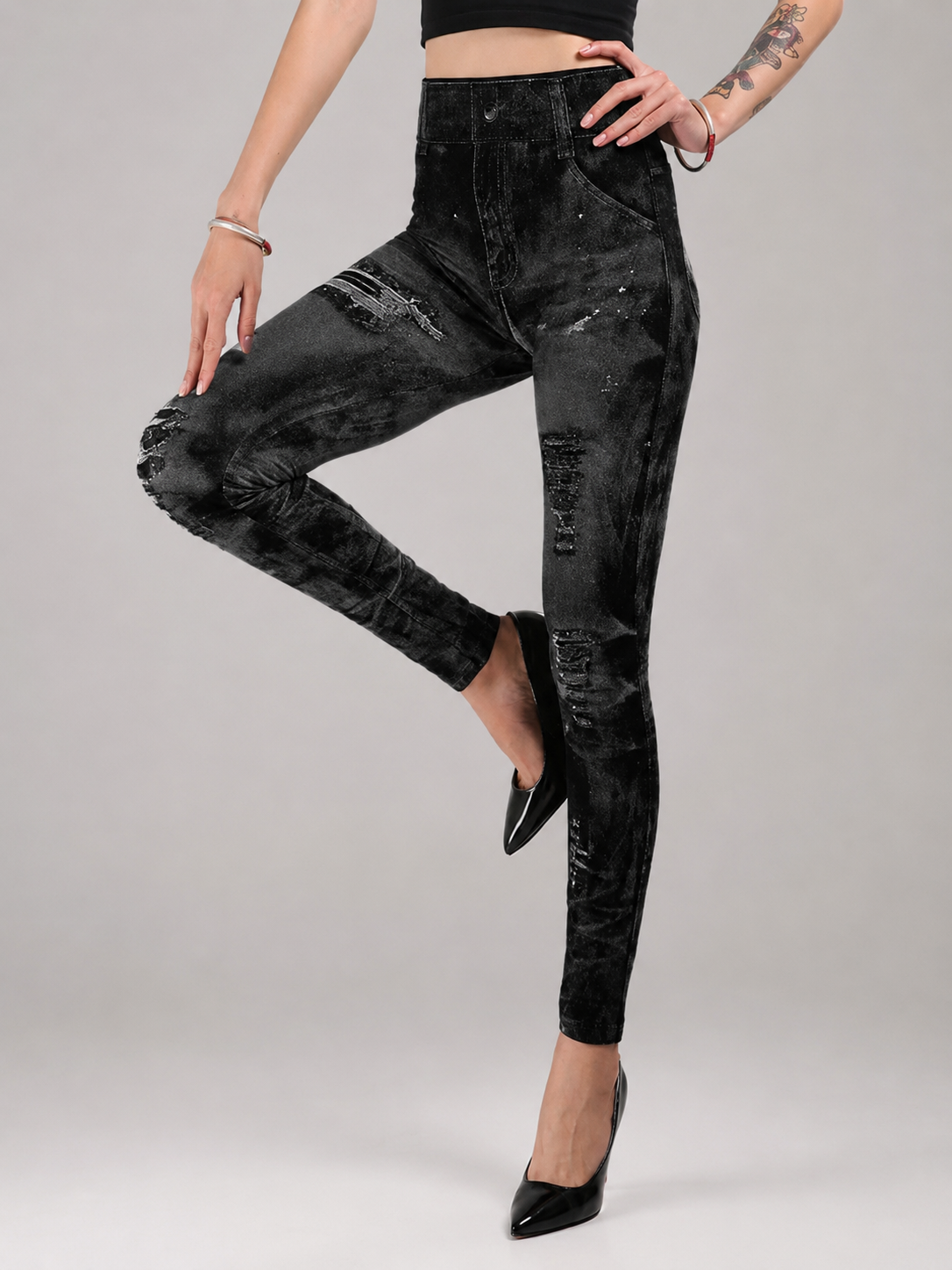Seamless High-Waist Printed Fake Ripped Corset Imitation Denim Leggings