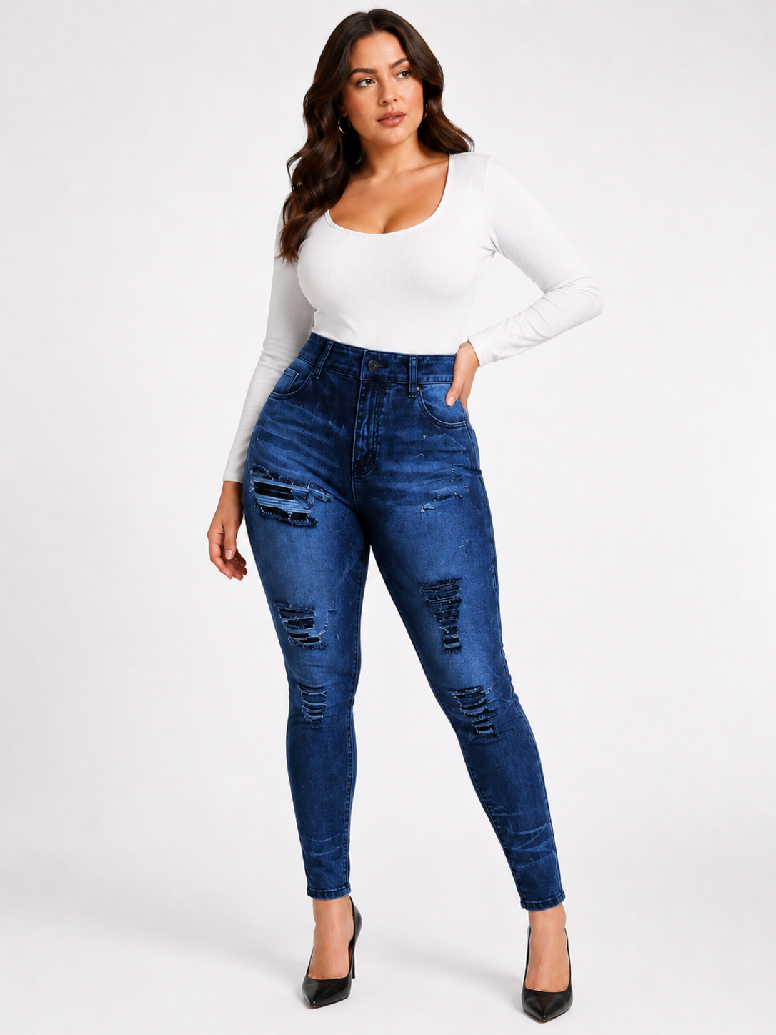 Seamless High-Waist Printed Fake Ripped Corset Imitation Denim Leggings