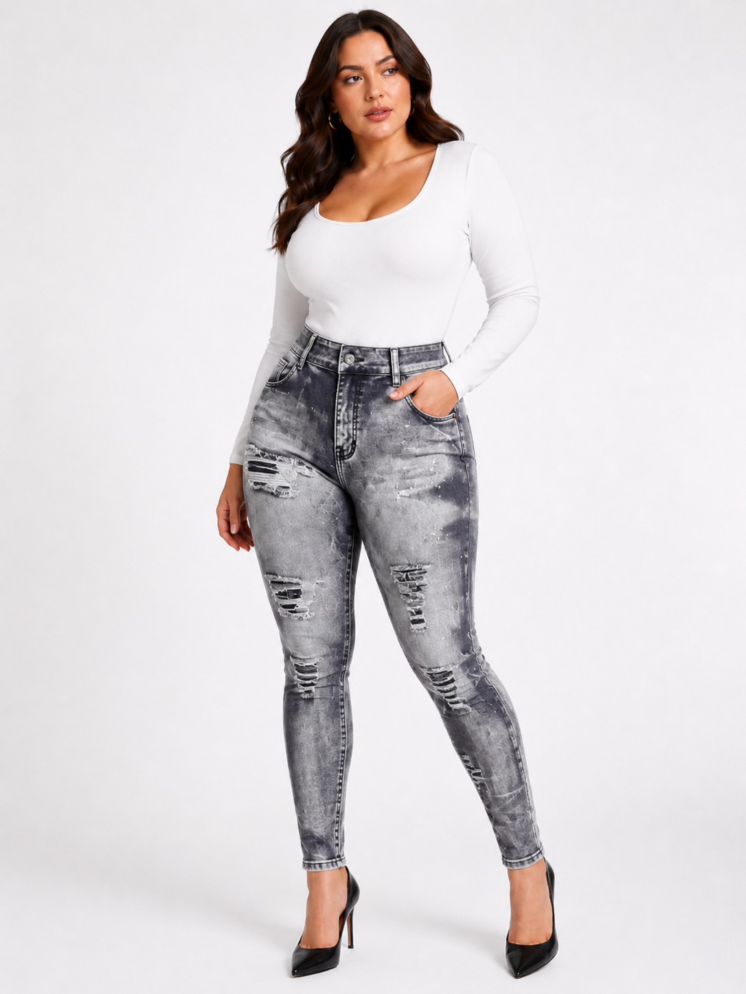 Seamless High-Waist Printed Fake Ripped Corset Imitation Denim Leggings