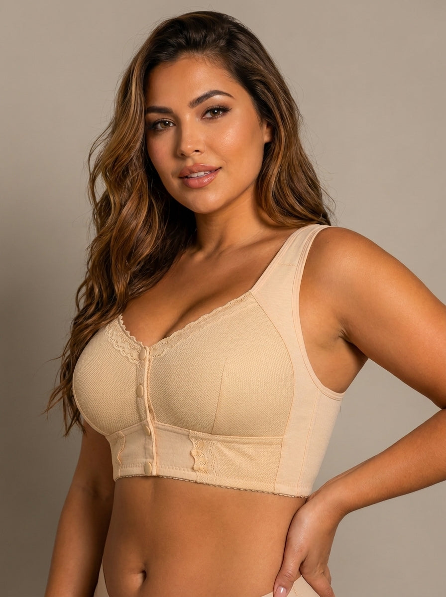 Front Closure Cotton Bra Soft Lace Wireless Comfort Bra for Seniors
