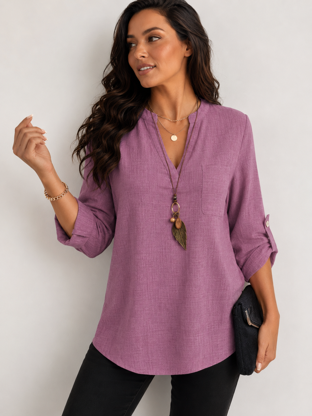 Loose-fitting Plus Size V-neck Solid Color T-shirt