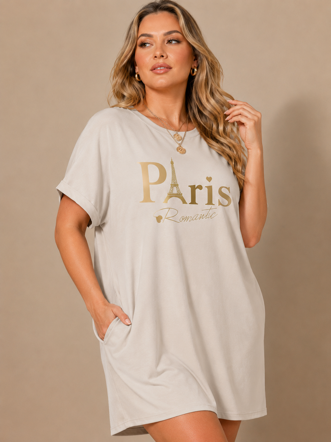 Paris Print Midi Dress Crew Neck Short Sleeve Loose Fit Casual Tunic Dress