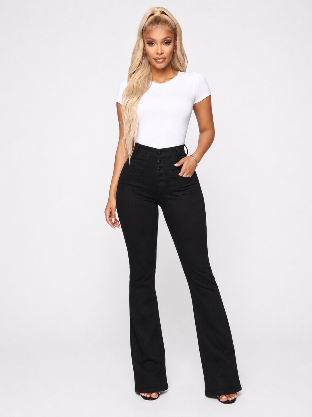 Plus Size Jeans Patch Pocket Washed Ladies High Waist Denim Trousers