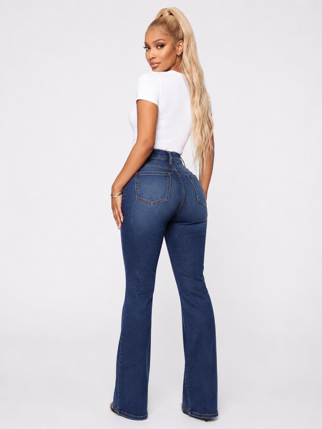 Plus Size Jeans Patch Pocket Washed Ladies High Waist Denim Trousers