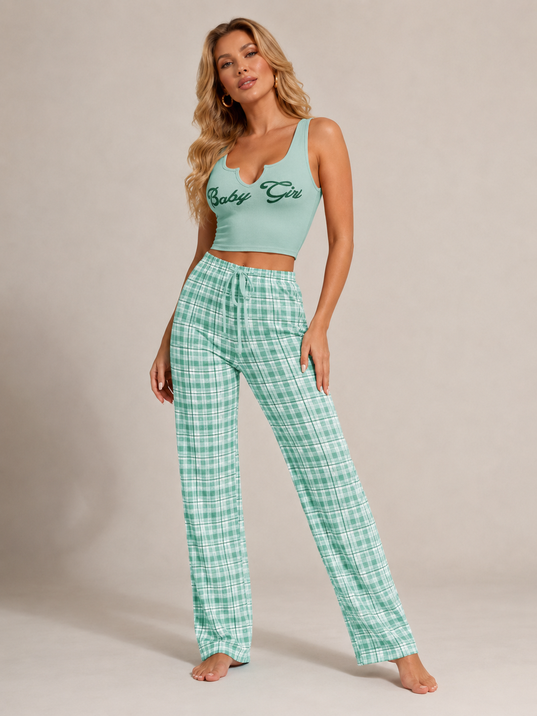 Letter Print Top and Plaid Pants Pajama Set 2 Piece Casual Sleepwear