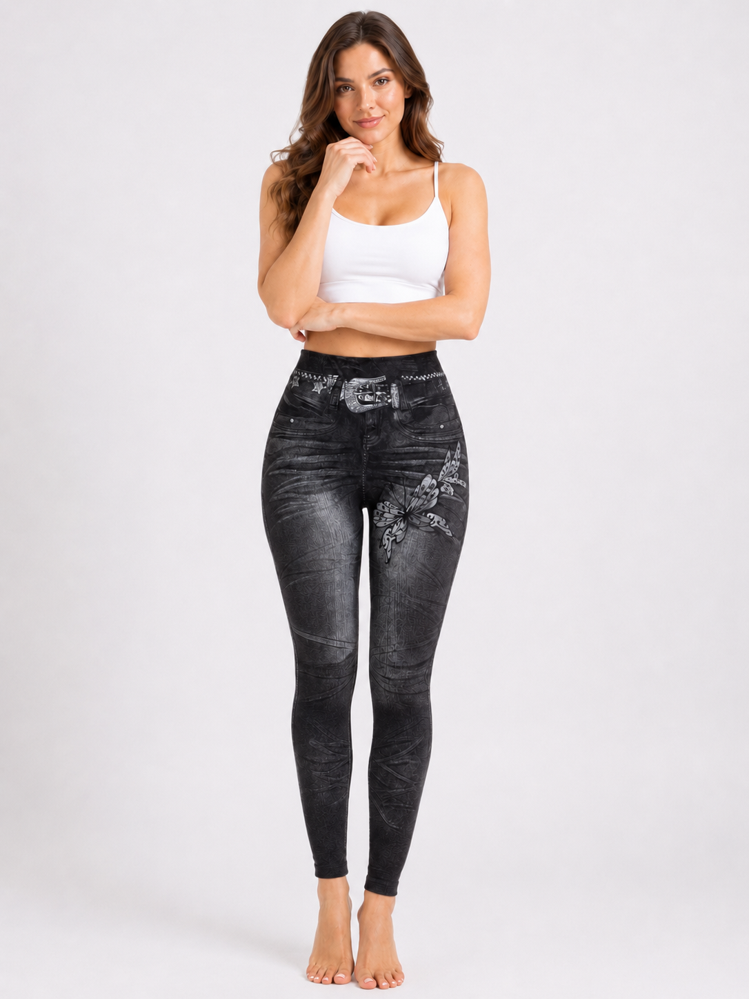 Womens Denim-Look Skinny Pants With Belt And Butterfly Print