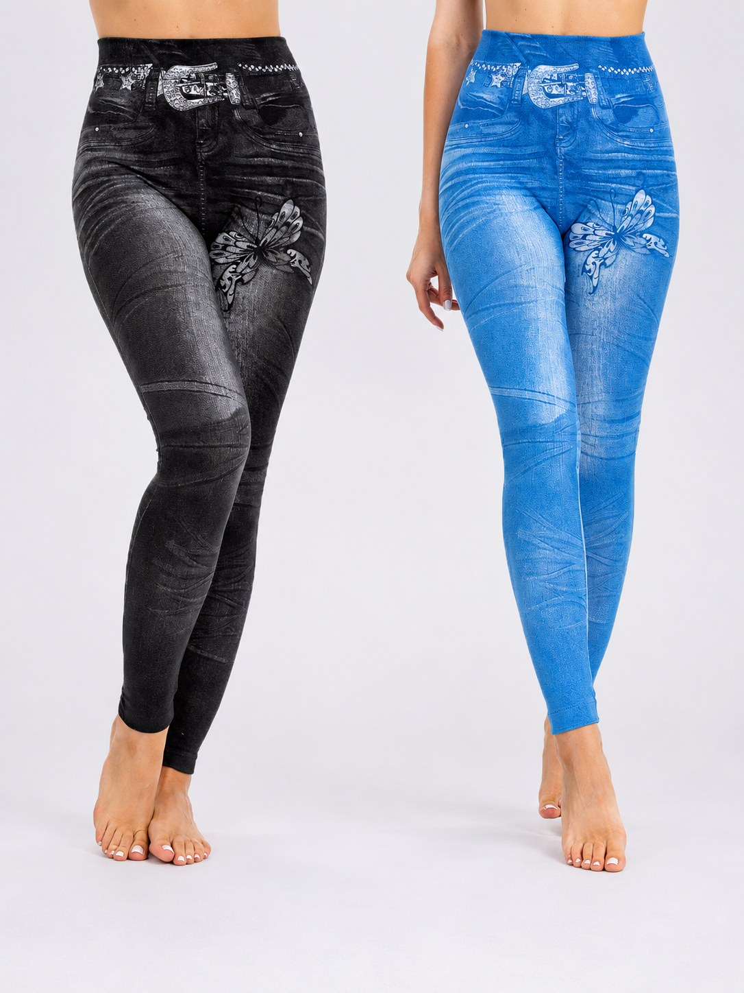 Womens Denim-Look Skinny Pants With Belt And Butterfly Print