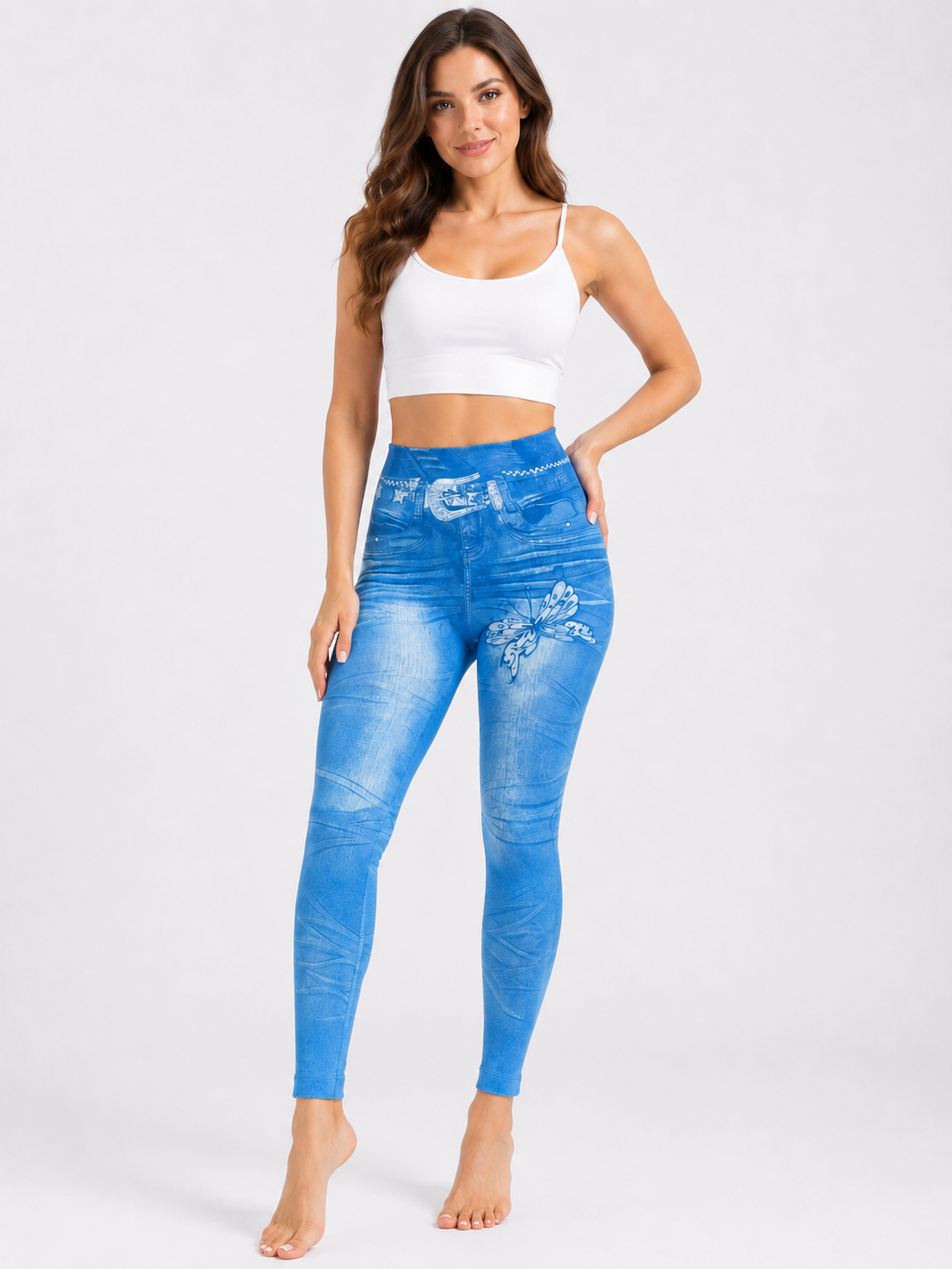 Womens Denim-Look Skinny Pants With Belt And Butterfly Print
