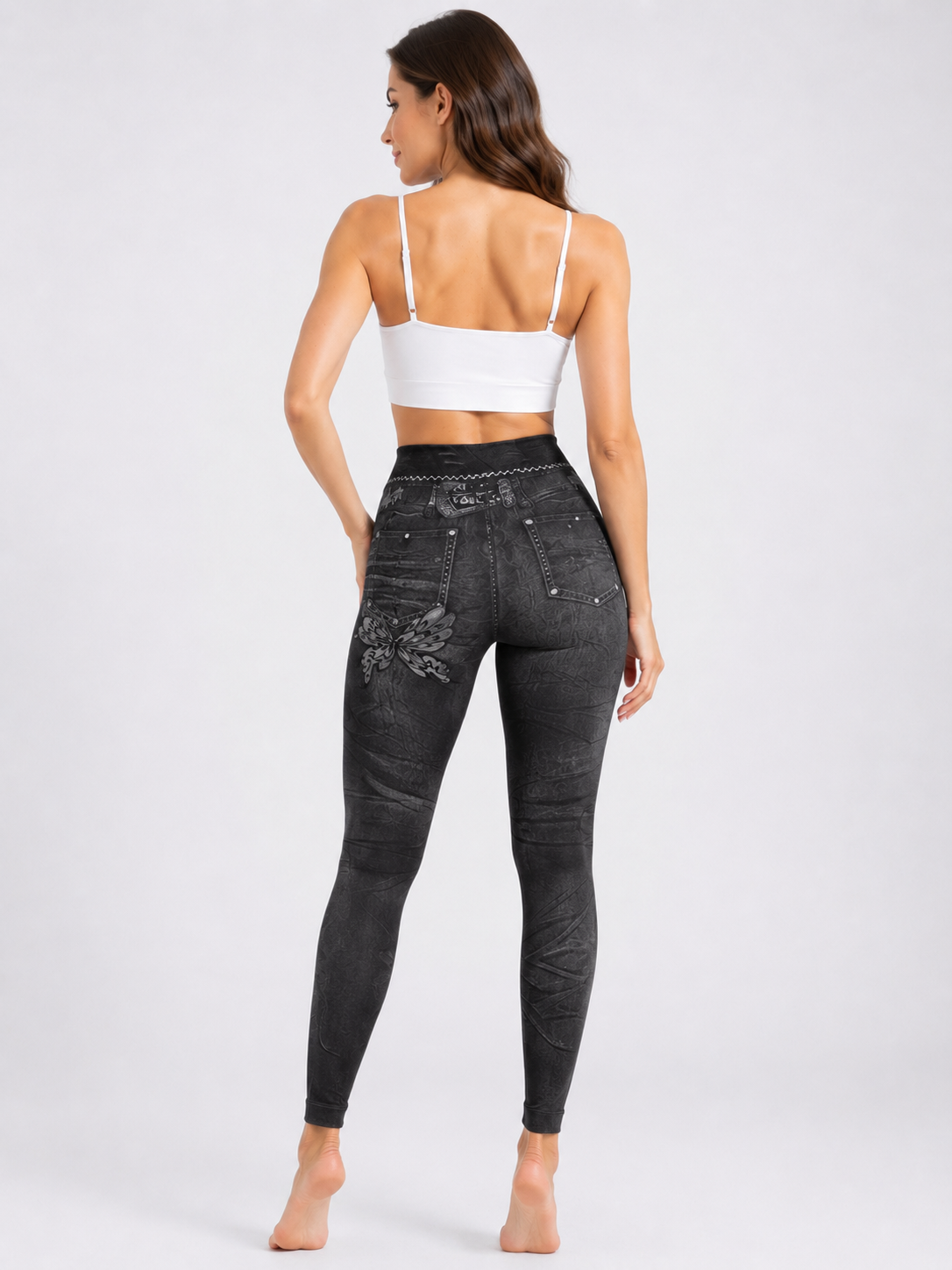 Womens Denim-Look Skinny Pants With Belt And Butterfly Print