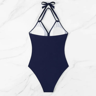 Women's Halter Neck One Piece Swimsuit Mesh Cross Strap Solid Bikini Beachwear