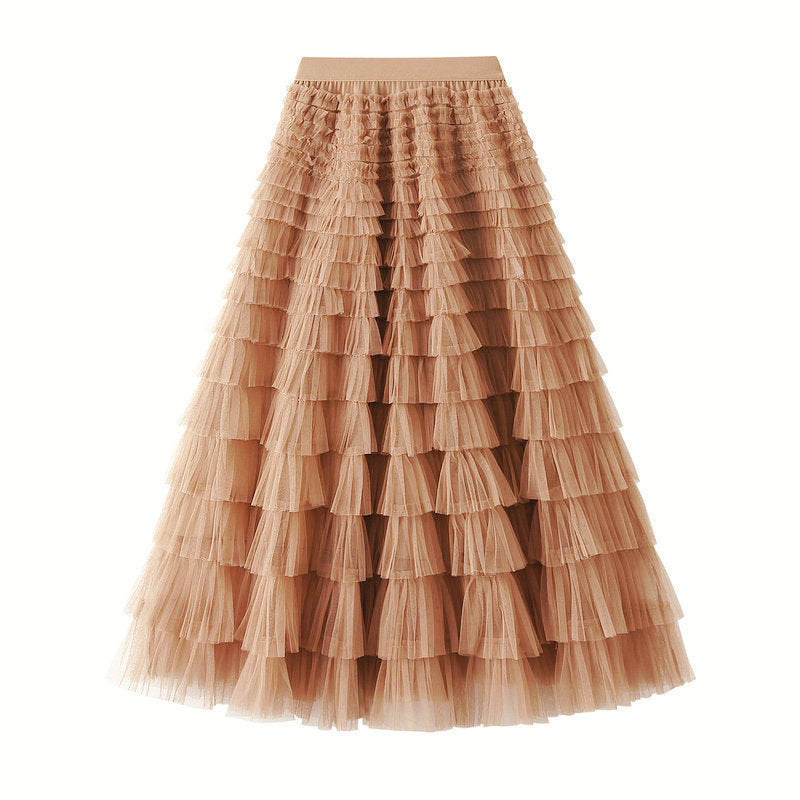 Women's A-Line Mesh Ruffle Maxi Skirt Slim Fit Sweet Flowy Long Skirt